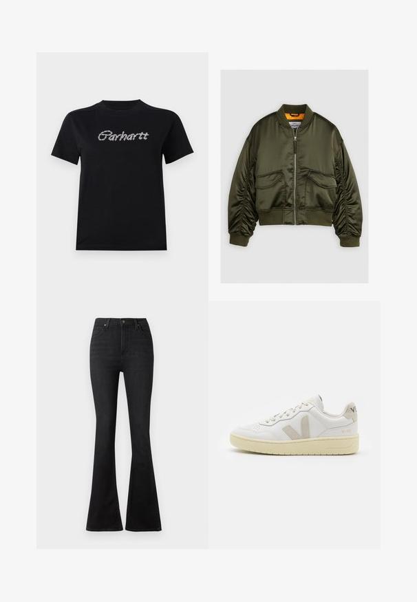 Olive green bomber jacket made from satin fabric, featuring a zip-up front, ribbed cuffs, and two front pockets. Accented with an orange lining.; Black cotton t-shirt with short sleeves and a round neckline. Features "Carhartt" logo in white, textured, chain-like design across the chest.; Black flared jeans made of denim, featuring a high waist, front pockets, and a classic five-pocket design with metal button hardware.; White leather sneaker with beige suede accents, perforated toe box, flat laces, and a textured cream sole. Features subtle branding on heel.