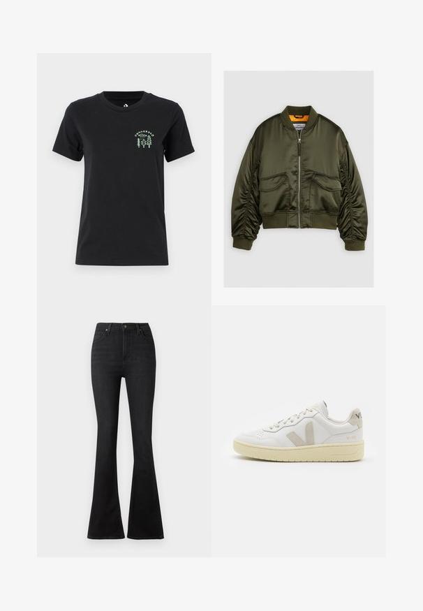 Oliivinvihreä bomber-takki, joka on valmistettu satiinikankaasta. Takissa on vetoketjukiinnitys, ribbireunat ja kaksi etutaskua. Takki on korostettu oranssilla vuorilla.; Converse FOREST ART TEE - Printtipaita - black; Mustat leveälahkeiset farkut, jotka on valmistettu denimistä, korkealla vyötäröllä, etutaskuilla ja klassisella viiden taskun muotoilulla, jossa on metallinen nappikiinnitys.; Valkoiset nahkakengät, joissa on vaaleanruskeat pigmenttisuojat, rei'itetty kärki, litteät nauhat ja teksturoitu kermaisa pohja. Takana on huomaamaton brändäys.