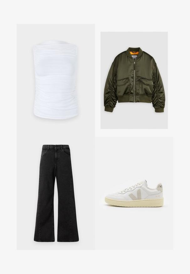 Olive green bomber jacket made from satin fabric, featuring a zip-up front, ribbed cuffs, and two front pockets. Accented with an orange lining.; White sleeveless top made of smooth, stretchy fabric with gathered details along the sides, featuring a round neckline and a fitted silhouette.; High-waisted black denim jeans with a wide leg design, featuring front pockets and a button closure at the waist.; White leather sneaker with beige suede accents, perforated toe box, flat laces, and a textured cream sole. Features subtle branding on heel.