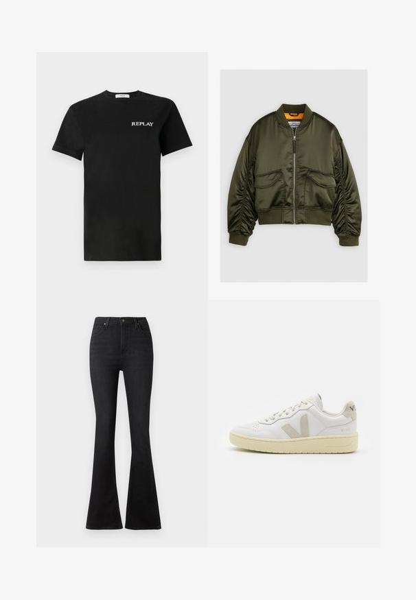 Chaqueta bomber verde oliva hecha de satén, con cierre frontal de cremallera, puños acanalados y dos bolsillos frontales. Acentuada con un forro naranja.; Camiseta de algodón negra con mangas cortas, presenta un logotipo blanco "REPLAY" en el lado izquierdo del pecho. Diseño clásico de cuello redondo.; Vaqueros negros acampanados de mezclilla, con cintura alta, bolsillos frontales y un diseño clásico de cinco bolsillos con herrajes de botón metálico.; Zapatilla de piel blanca con acentos de ante beige, caja de puntera perforada, cordones planos y suela texturizada en color crema. Cuenta con un branding sutil en el talón.