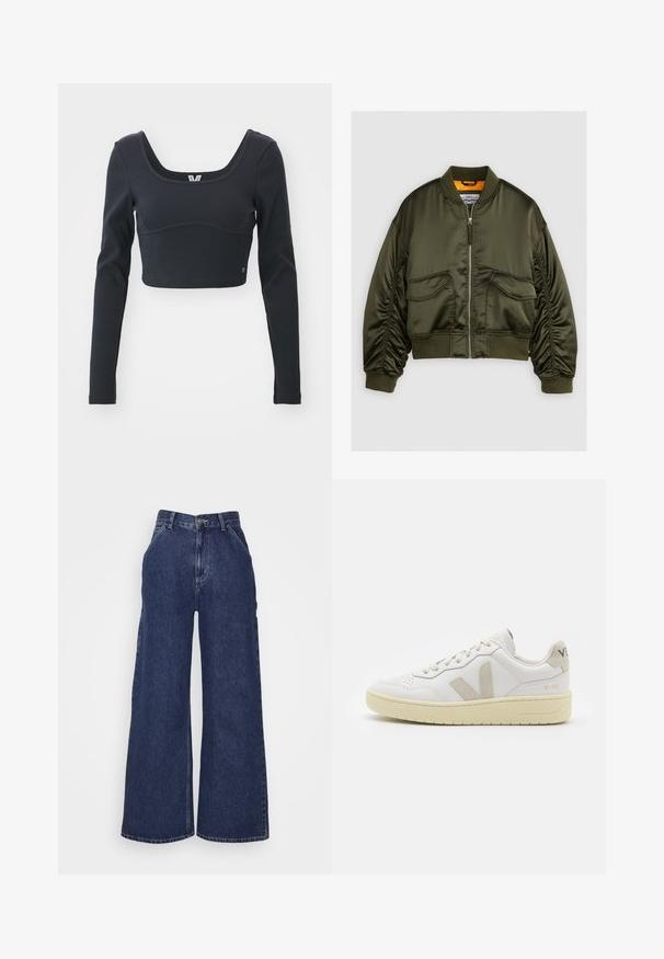 Olive green bomber jacket made from satin fabric, featuring a zip-up front, ribbed cuffs, and two front pockets. Accented with an orange lining.; Black long-sleeve cropped top in ribbed texture, featuring a wide scoop neckline and fitted silhouette, with a subtle brand logo accent.; Wide-leg denim jeans in dark blue, featuring a high waist, front pockets, and a zipper fly with a metal button. Smooth texture and classic design.; White leather sneaker with beige suede accents, perforated toe box, flat laces, and a textured cream sole. Features subtle branding on heel.