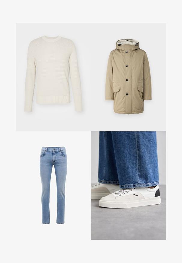 Yves Salomon ICONIC PARKA  - Down coat - lichen; J.LINDEBERG OLIVER STRUCTURE - Jumper - moonbeam; Light blue denim jeans with a slim fit, five pockets, and a straight leg design. Features a zipper fly and belt loops. Soft texture.; White and black sneakers with a smooth leather upper, textured accents, and a chunky white sole. Features a classic lace-up design.