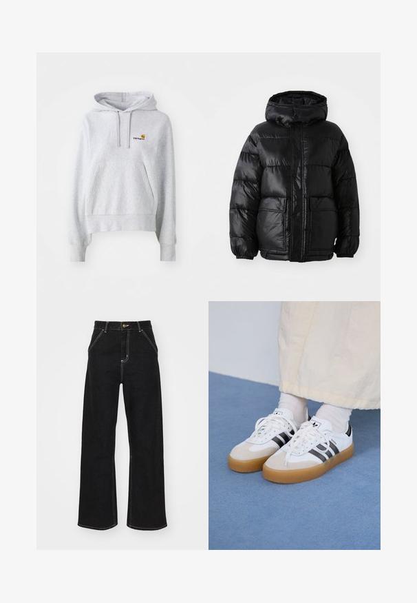 Melnā pūkainā jaka ar kapuci, ar spīguļojošu apdari, elastīgām aprocēm, priekšējo pogu aizdari un divām lielām kabatām.; Gaišpelēka kapucīna krekls, izgatavots no kokvilnas un sintētisko šķiedru maisījuma, ar priekšējo kangaroo kabatu un mazu izšuvumu uz krūtīm.; Melnas platajās biksēs, kas izgatavotas no denima, ar kontrastējošas baltas šuves un priekšējo pogu aizdari, kā arī divām slīpajām priekšējām kabatām.; Baltas sporta apavi ar melnām svītrām un beisīgo zamšādu akcentiem. Ievies struktūrētu gumijas zoli un izkārtotas baltas šnerves, valkāti ar gaišiem zeķēm.