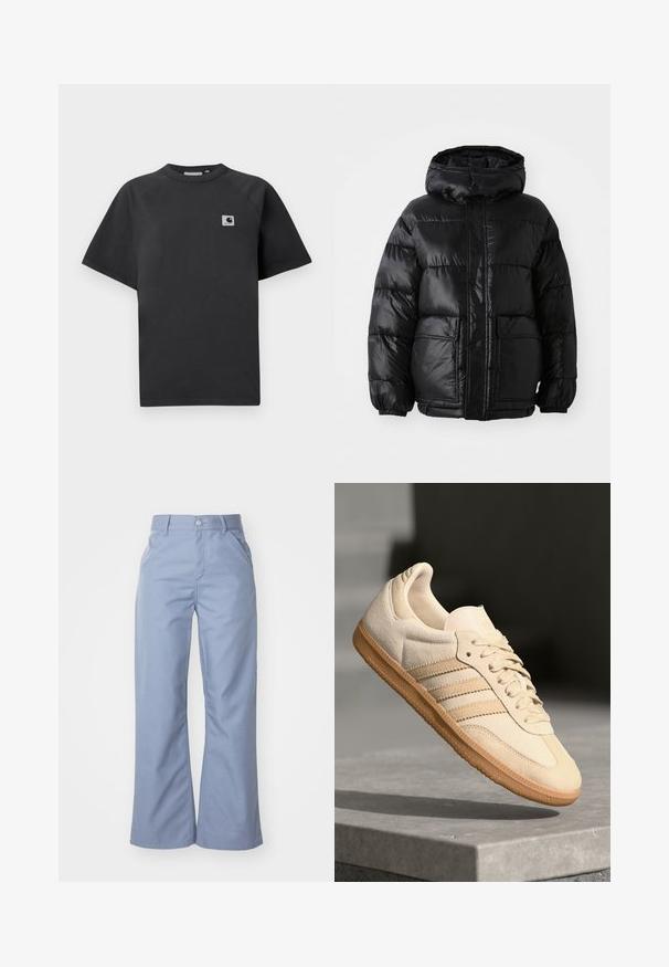 Črna napihnjena jakna s kapuco, ki ima sijoč oprijem, elastične manšete, sprednjo zaporo s gumbi in dva velika žepna oblika.; Črna bombažna majica s krožno ovratnikom, kratkimi rokavi in pravokotno oznako na levi strani prsi.; Svetlo modri široki hlače iz gladkega bombažnega mešanega materiala, z sprednjimi žepi in gumbom za zapiranje v pasu.; Svetlo bež semišni športni copat z gumijastim podplatom, trije poševni trakovi in teksturiran zaščitni del. Vsebuje logotip na ježku in strani.