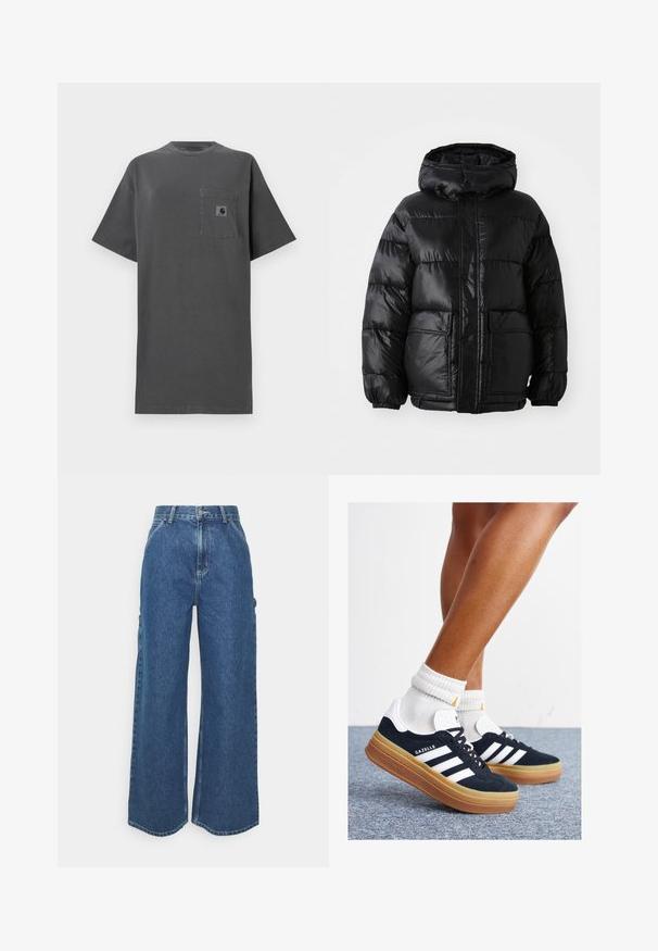 Giacca a vento nera con cappuccio, caratterizzata da una finitura lucida, polsini elasticizzati, chiusura frontale con bottoni e due grandi tasche a toppa.; T-shirt in cotone grigio con una vestibilità ampia, scollatura rotonda, maniche corte e taschino sul petto con una piccola etichetta del logo.; Pantaloni in denim blu a gamba larga con vita alta, cuciture a contrasto e tasche laterali, caratterizzati da un classico design a cinque tasche e orli grezzi.; Sneakers in pelle scamosciata nera con strisce e dettagli bianchi, punta arrotondata, suola in gomma color gomme, abbinate a calzini bianchi a coste alla caviglia.