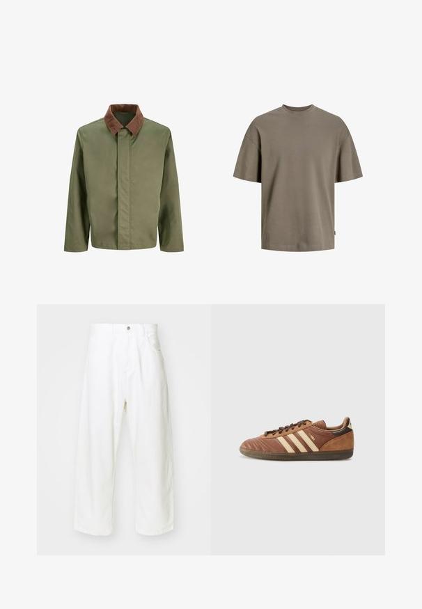 Giacca verde oliva con colletto in velluto a coste marrone. Presenta un taglio dritto, maniche lunghe e una chiusura frontale nascosta. Tessuto liscio.; T-shirt in cotone di un verde oliva tenue; presenta un collo rotondo, maniche corte e una vestibilità rilassata con dettagli di cucitura minimi.; Jeans bianchi a gamba larga realizzati in denim, con vita alta, cinque tasche e chiusura con bottone. Design semplice con orli sfrangiati.; adidas Originals SAMBA UNISEX - Sneakers basse - preloved brown/sand strata/dark brown