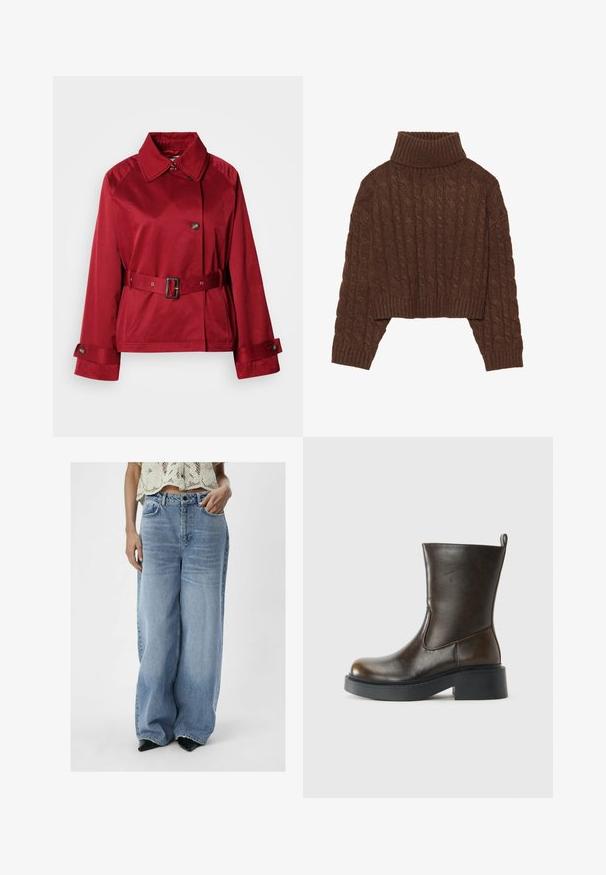 Červená s páskem obepnutá bunda s límcem, velkým předním knoflíkem a strukturovanými rukávy. Vyrobena z hladké tkaniny s elegantním povrchem.; Hnědý svetr s pleteným vzorem, zkrácený, s vysokým rolákem a dlouhými rukávy, s žebrovaným lemem a texturovaným vzorem po celém povrchu.; Světle modré široké džíny z denimu, mají vysoký pas, přední kapsy a mírně vybledlý vzhled. Vytvořené s jehlovými podpatky.; Tmavě hnědá kožená bota do poloviny lýtek s kulatou špičkou, silnou černou podrážkou, nízkým blokovým podpatkem a poutkem na zadní straně.