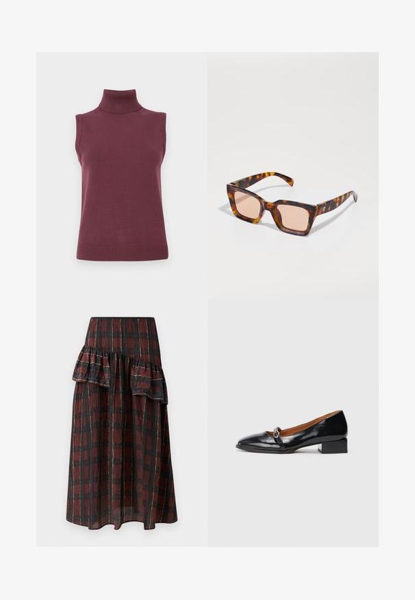 Punainen, vyöllinen takki, jossa on kauluksellinen kaula-aukko, suuri etupainike ja jämäkät hihat. Valmistettu sileästä kankaasta, joka on kiiltävä.; Hihaton viininpunainen korkeakauluksinen villapaita, jossa on poimutettu kaulus, käsivarrenreiät ja helma, esitelty valkoista taustaa vasten.; Maxihame vaaleanpunaisessa ja mustassa ruutukuviossa, jossa on kerrostettuja röyhelöitä vyötäröllä, valmistettu kevyestä kankaasta, jolla on pehmeä rakenne.; Musta lakattu matalapohjainen kengät, joissa on terävä kärki ja koristeellinen hihna, jossa on pyöreä hope buckle. Tasapohjainen korko.; Neliönmuotoiset aurinkolasit, joissa on kilpikonnakuosi, vaaleanpunaiset linssit ja suorat varret. Metallinen logoyksityiskohta toisella puolella.