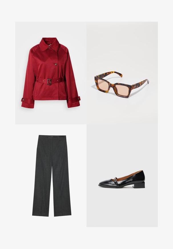 Chaqueta roja con cinturón, cuello con solapa, gran botón frontal y mangas estructuradas. Hecha de un tejido suave con un acabado elegante.; Top a rayas negras con tirantes finos, que presenta un cierre de botones en la parte frontal y dos bolsillos laterales, hecho de una tela suave.; Pantalones de pierna ancha en un gris oscuro, hechos de un tejido texturizado, con un frente plano, cinturillas y un acabado limpio en el dobladillo.; Zapatos de charol negros de tacón bajo con punta afilada y una correa decorativa que presenta una hebilla circular de plata. Tacón bloque plano.; Gafas de sol cuadradas con un patrón de carey, cuentan con lentes de color rosa y brazos elegantes. Detalle del logo en metal en un lado.