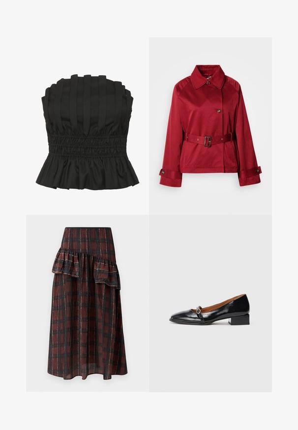 Crvena jakna s remenom, s ovratnikom, velikim gumbom sprijeda i strukturiranim rukavima. Izrađena od glatkog materijala s sjajnim završetkom.; Crna top majica bez naramenica koja se ističe vertikalnim nabranicama, gumiranim strukom i volanastim rubom. Izrađena od teksturiranog materijala za usku siluetu.; Maxi suknja u tamnocrvenoj i crnoj kariranoj boji, s višeslojnim volanima na struku, izrađena od lagane tkanine s mekanom teksturom.; Crne lakirane cipele s niskim potpeticama, špicastog vrha, i dekorativnom trakom s okruglom srebrnom kopčom. Ravna blok potpetica.