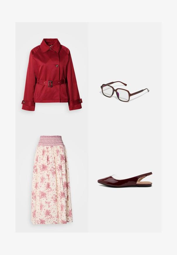 Červená s opaskom bunda s golierom, veľkým predným gombíkom a štruktúrovanými rukávmi. Vyrobená z hladkej látky s lesklým povrchom.; Biela blúzka bez ramienok s volánikmi, riasenou textúrou a elastickým pásom. Vyrobená z jemnej bavlnenej tkaniny.; Maxi sukňa v krémovej farbe s ružovými kvetinovými a geometrickými vzormi. Obsahuje smockovaný pás pre prispôsobiteľné nosenie, vyrobená z ľahkej látky.; Burgundské patentové slingback baleríny s špicatou špičkou, transparentným výrezom a plochou čiernou podrážkou. Hladká textúra, minimalistický dizajn.; Hnedé, obdĺžnikové dioptrické okuliare s priehľadnými šošovkami a fialovými odtieňmi. Hladký plastový rám so zásadnými nožičkami a jemnými akcentmi.; Zlaté kruhové náušnice s textúrovaným, nepravidelným tvarom. Majú bezšvové uzatváranie a lesklý povrch, čo podčiarkuje moderný dizajn.