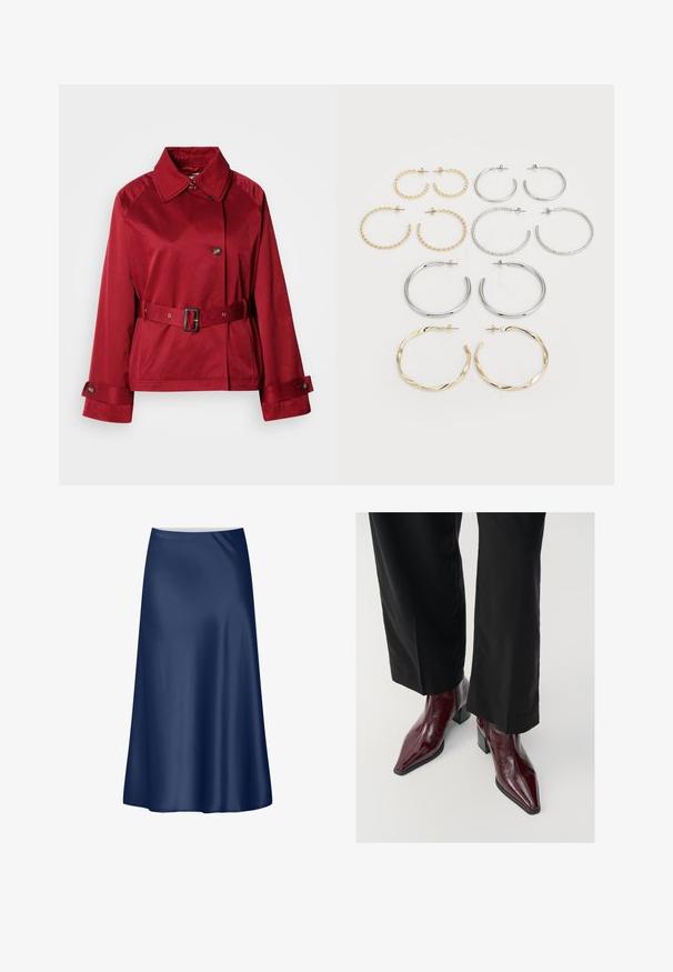 Rød belted jakke med kragehals, stort frontknapp og strukturert ermer. Laget av glatt stoff med en elegant finish.; Rød kortermet topp med innpakningsdesign, med samlet tekstur på siden og en jevn, myk stofffinish.; Marine sateng A-linje skjørt med en glatt tekstur, flytende design og midtlengde snitt. Har en ren midjebånd uten ekstra detaljer.; Burgunderfargede patentlæder ankelstøvler med spids tå, kraftig hæl og struktureret finish, sammen med sorte vidde bukser.; Sett med tolv hoop øredobber i sølv- og gulltoner. Inkluderer vridde, glatte og teksturerte design med ulike størrelser og overflater.