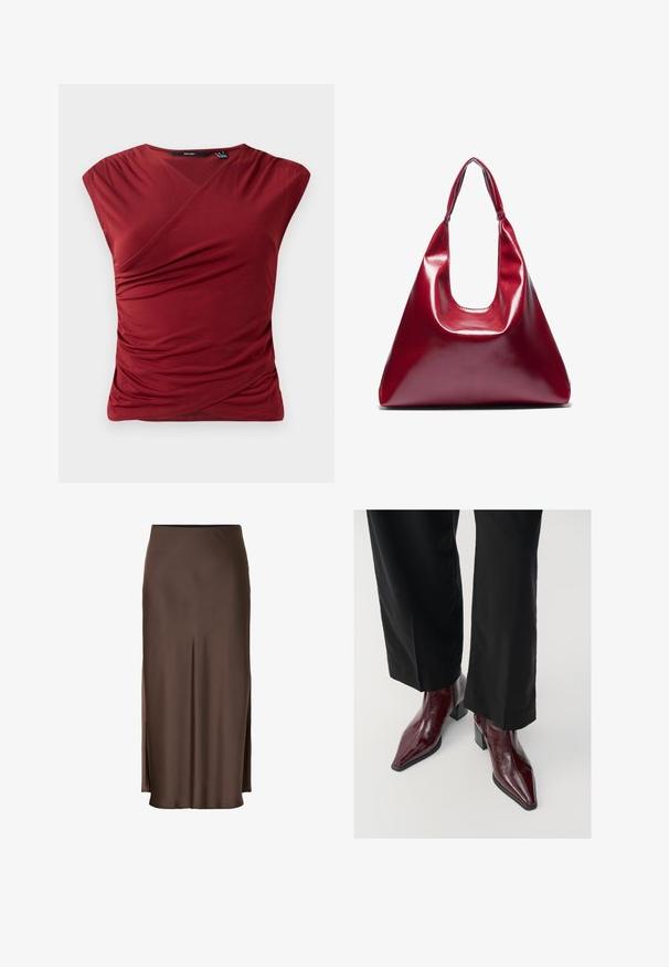 Červená s páskem obepnutá bunda s límcem, velkým předním knoflíkem a strukturovanými rukávy. Vyrobena z hladké tkaniny s elegantním povrchem.; Červený top s krátkým rukávem a zavinovacím designem, s nabíranou texturou na boku a hladkým, jemným povrchem látky.; Hnědá saténová sukně s rovnými liniemi, která má boční rozparky pro snadný pohyb a hladkou strukturu po celé látce.; Burgundské lakované kozačky po kotníky s špičatou špičkou, masivním podpatkem a texturovaným povrchem, kombinované s černými širokými kalhotami.; Červená lesklá kožená kabelka trojúhelníkového tvaru, široké horní otevírání a jeden zakřivený popruh. Hladký povrch s minimálními detaily šití.; Sada dvanácti náušnic ve tvaru kruhu ve stříbrných a zlatých tónech. Obsahuje zkroucené, hladké a texturované designy v různých velikostech a povrchových úpravách.