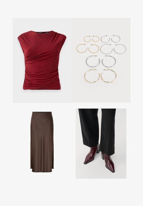 Sarkans, josts ar jostu, ar apkakles kaklu, lielu priekšējo pogu un strukturētām piedurknēm. Izgatavots no gluda auduma ar elegantu apdari.; Sarkans īsām piedurknēm tops ar apvēršanas dizainu, kuram ir savilktu tekstūru sānos un gluda, mīksta auduma apdare.; Brūnas satīna svārki ar taisnu dizainu, kuriem ir sānu šķēlumi vieglai pārvietošanai un gluda tekstūra visā audumā.; Burgundijas lakota ādas potīšu zābaki ar smailu purngalu, apaļu papēdi un teksturētu apdari, saskaņoti ar melnām platas kājas biksēm.; Divpadsmit auskaru komplekts ar riņķiem sudraba un zelta tonī. Ietver vītņotus, gludus un teksturētus dizainus ar dažādiem izmēriem un apdares veidiem.