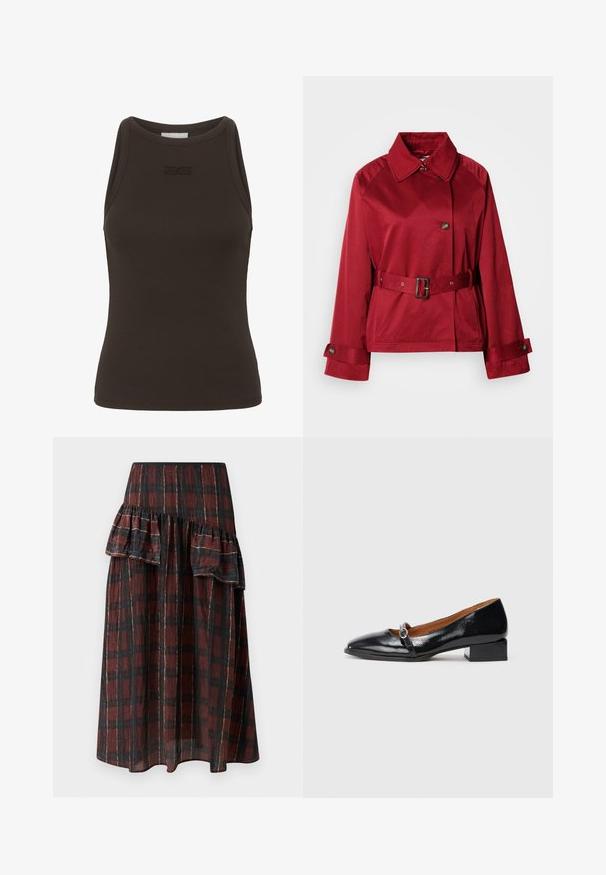 Rdeča jakna z pasom, s ovratnim izrezom, velikim sprednjim gumbom in strukturiranimi rokavi. Narejena iz gladkega blaga z elegantnim zaključkom.; Rjav rebrast top z visokim ovratnikom in brez rokavov, z diskretnim logotipom na predelu prsi. Narejen iz elastičnega materiala.; Maxi krilo v temno rdeči in črni karirasti vzorec, z večplastnimi naborki na pasu, izdelano iz lahkega blaga z mehko teksturo.; Črne lakirane usnjene čevlje z nizko peto, z oblikovanim nosom in okrasnim trakom, ki vsebuje okroglo srebrno zaponko. Ravno blok peta.