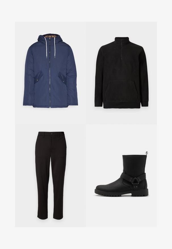 Jūras zila pufīgā jaka ar kapuci, kas aprīkota ar priekšējo rāvējslēdzēju, divām sānu kabatām ar pogām un baltiem aukliņām.; Melnas vilnas džemperis ar pusē esošu rāvējslēdzēju, augstu apkakli, kangurū kabatu un ribotām piedurknēm un apakšmalu, izlikts uz vienkārša fona.; Melnas bikses izgatavotas no viegla materiāla, ar taisnu kāju, priekšējo pogu aizdari, jostas cilpām un sānu kabatām.; Melni potītes zābaki ar teksturētu ādas virsu, aprīkoti ar sānu jostu ar metāla akcentiem un ar rievotu gumijas zoli, kas nodrošina labu saķeri.