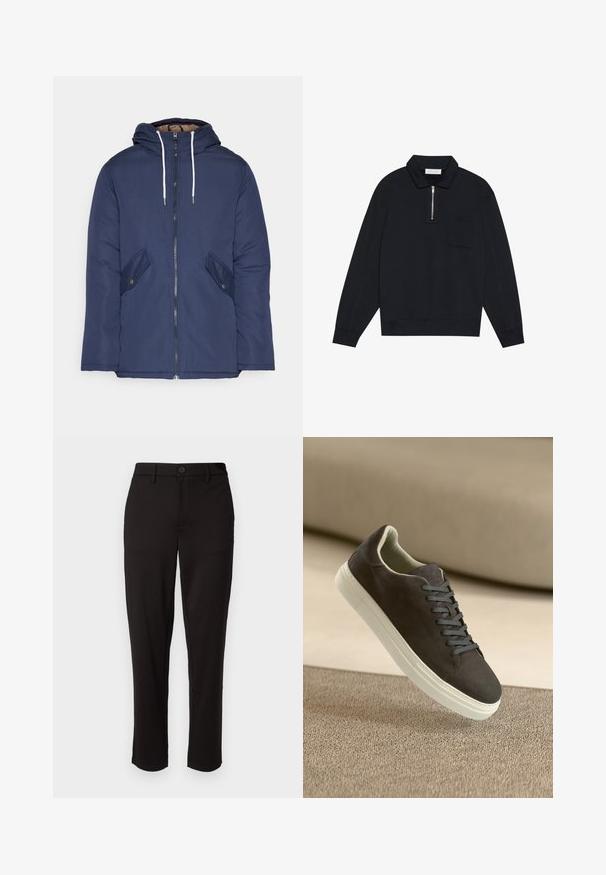 Casaco acolchoado azul-marinho com capuz, apresentando um fecho frontal com zíper, dois bolsos laterais com botões e cordões brancos.; Pier One Camisola - black; Calças pretas feitas de tecido leve, com perna reta, fecho frontal com botão, passadores de cinto e bolsos laterais.; Tênis de camurça cinza escuro com atacadores combinando e sola de borracha branca, posicionados acima de uma superfície bege texturizada com fundo suave.