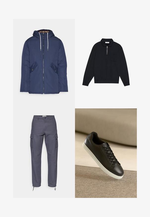 Marineblauwe gewatteerde jas met een capuchon, voorzien van een rits aan de voorkant, twee zijzakken met knopen en witte trekkoorden.; Pier One Sweater - black; Cargo broek in donkergrijs katoen. Bevat zijzakken, een knoopsluiting en verstelbare boorden met touwen. Rechtemodel met een naadloze textuur.; Zwarte leren sneakers met een witte rubberen zool en zwarte veters, gepositioneerd tegen een beige stoffen oppervlak en achtergrond.