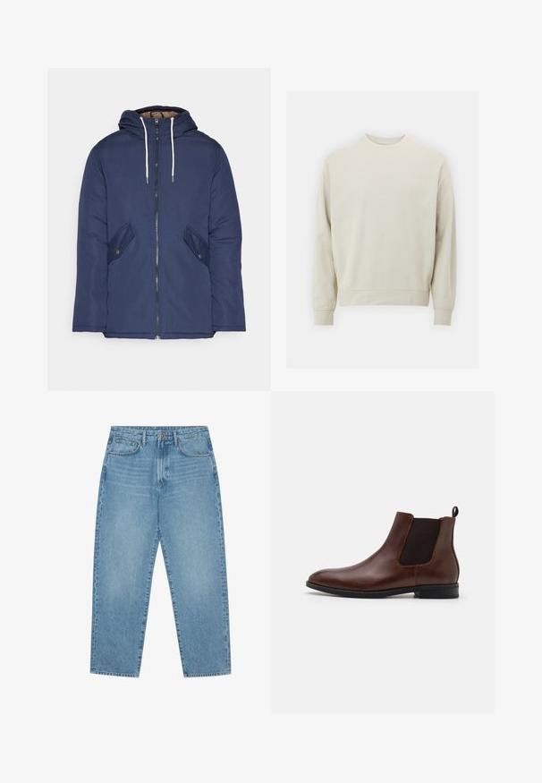 Mornarsko modra podložena jakna s kapuco, ki ima sprednji zadrgo, dva stranska žepa s gumbi in bele vrvice.; Svetlo bež sweatshirt iz mehkega blaga s krožnim izrezom, dolgimi rokavi ter rebrastimi manšetami in robom. Minimalističen dizajn, brez vidnih vzorcev.; Svijetloplavi traper široki traperice s visokim strukom, s pet džepova, petljama za remen i mekom, pomalo izblijedjelom teksturom.; Pier One LEATHER - Klasični gležnjarji - dark brown