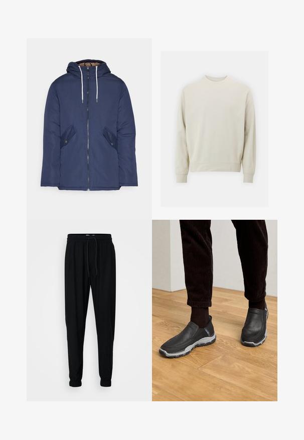 Marinblå vadderad jacka med huva, som har en framdragkedja, två sidofickor med knappar och vita dragsnören.; Ljust beige sweatshirt i mjukt tyg med rundad halsringning, långa ärmar och ribbade muddarna och nederkant. Minimalistisk design, inga synliga mönster.; Svarta joggerbyxor i ett mjukt tyg med elastisk midja, dragsko och elastiska muddar vid anklarna för en smal passform.; Svarta slip-on skor med texturerat läderovandel och en grå gummisula, placerade på ett trägolv och med kordfläskbyxor.