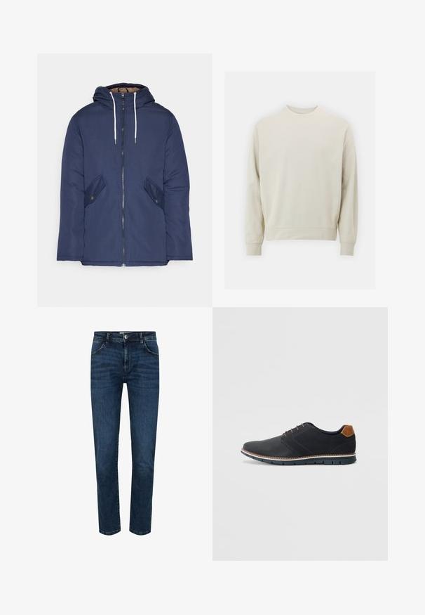 Námorně modrá prošívaná bunda s kapucí, která má přední zip, dvě boční kapsy s knoflíky a bílé šňůrky.; Světle béžová mikina vyrobená z jemné látky s kulatým výstřihem, dlouhými rukávy a pružnými manžetami a spodním lemem. Minimalistický design, bez viditelných vzorů.; Tmavě modré džíny z denimu se rovnějším střihem, designem na pět kapes a knoflíkovým zapínáním. Zpevněné švy podél švů a mírný efekt vyblednutí.; Černé syntetické boty s texturovaným svrškem, hladkými detaily, hnědým podpatkem a kontrastní podrážkou. Obsahují minimální šněrování a švy.