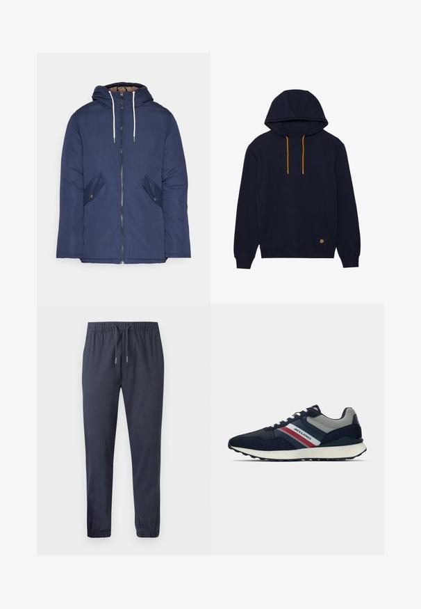 Marinblå vadderad jacka med huva, som har en framdragkedja, två sidofickor med knappar och vita dragsnören.; Mörkblå bomullshuvtröja med en framficka, justerbar orange snörning och ribbade ärmslut. Har en liten rund logga vid fållen.; Marinblå tapered joggerbyxor med elastisk midja, snörning och elastiska manschetter, som har ett mjukt och lätt tyg.; Marina idrottsskor med grå accenter, som har en blandning av mesh och mocka, en vit mellansula och rödblå ränder på sidan.