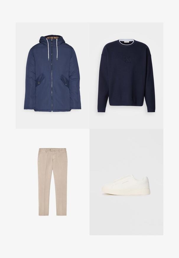 Marineblauwe gewatteerde jas met een capuchon, voorzien van een rits aan de voorkant, twee zijzakken met knopen en witte trekkoorden.; Marineblauwe gebreide trui met een ronde hals, geribbelde kraag en subtiele geborduurde "ck" logo op de voorkant. Lange mouwen, losse pasvorm.; Beige katoenen broek met een recht model, voorzien van een knoopsluiting, riemlussen en schuine steekzakken aan de voorkant. Met een gladde textuur, zonder patronen.; Witte instap sneakers met een gestructureerd oppervlak, een dikke zool en een minimalistisch ontwerp. Bevat het merklogo aan de zijkant.