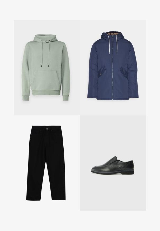 Giacca imbottita blu navy con cappuccio, dotata di zip frontale, due tasche laterali con bottoni e lacci bianchi.; Jack & Jones JJEBRADLEY HOOD - Felpa - iceberg green; Pantaloni in denim nero con taglio dritto, design a cinque tasche e chiusura frontale con bottone. Tessuto liscio con dettagli di cucitura minimi.; Scarpa nera in pelle con inserto scivolare, superiore liscio, dettagli cuciti, punta arrotondata e tacco in gomma basso. La suola presenta un battistrada minimale.