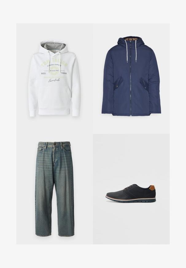 Námorně modrá prošívaná bunda s kapucí, která má přední zip, dvě boční kapsy s knoflíky a bílé šňůrky.; Bílá mikina s kapucí vyrobená z měkké tkaniny, s přední kapsou, se šedou podšívkou kapuce a potištěným logem značky v zelené a černé barvě.; Světle modré denimové džíny s volným střihem, středně vysokým pasem a rovnými nohavicemi. Obsahují pět kapes, poutka na opasek a zapínání na knoflík.; Černé syntetické boty s texturovaným svrškem, hladkými detaily, hnědým podpatkem a kontrastní podrážkou. Obsahují minimální šněrování a švy.