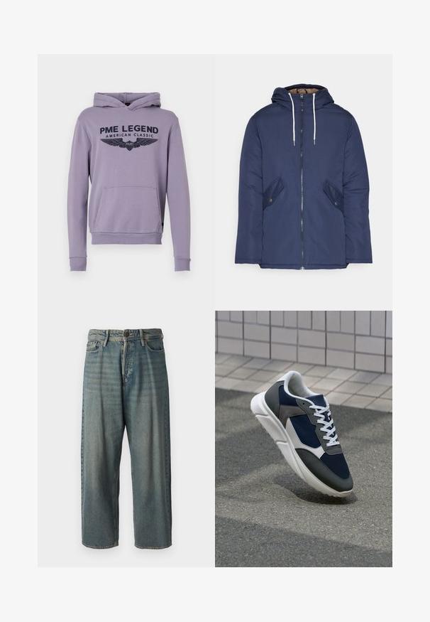 Námornícky modrá vystužená bunda s kapucňou, so zipsom vpredu, dvomi bočnými vreckami s gombíkmi a bielymi šnúrkami.; Fialová mikina vyrobená z mäkkej tkaniny s predným klokaním vreckom, elastickými manžetami a grafickou potlačou s textom "PME LEGEND AMERICAN CLASSIC."; Svetlomodré denimové nohavice so voľným strihom, stredne vysokým pásom a rovnými nohavicami. Obsahujú päť vreciek, pútka na opasok a zapínanie na gombík.; Tenisky s sieťovinou v námorníckej modrej farbe, so sivými semišovými detailmi, bielou gumovou podrážkou a plochými bielymi šnúrkami, navrhnuté pre pohodlie a priedušnosť.