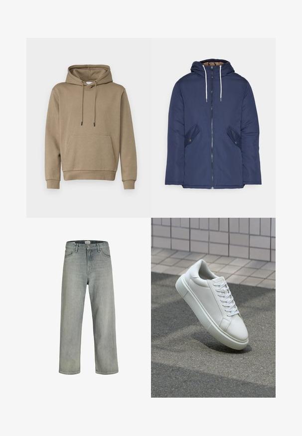 Giacca imbottita blu navy con cappuccio, dotata di zip frontale, due tasche laterali con bottoni e lacci bianchi.; Felpa con cappuccio di colore marrone chiaro, realizzata in tessuto morbido. Presenta una tasca a marsupio sul davanti e polsini a costine. Design semplice con lacci.; Jeans grigi chiaro, con vestibilità comoda, realizzati in denim. Presentano un classico design a cinque tasche, passanti per cintura e una silhouette a gamba dritta.; Sneaker bianco in pelle con superficie liscia, punta rotonda e lacci piatti bianchi. Presenta una suola in gomma texturizzata e un design minimale.