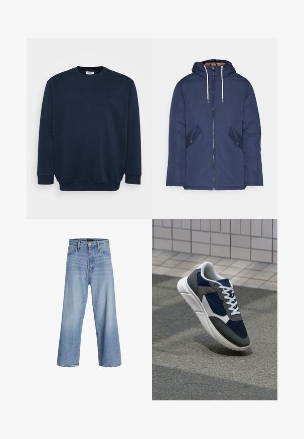 Navy plava podstava jakna s kapuljačom, koja ima prednji patentni zatvarač, dva bočna džepa s gumbima i bijele špage.; Tamnoplava dukserica izrađena od mešavine mekog pamuka, s okruglim izrezom, dugim rukavima i rebrastim manžetama i donjim rubom. Minimalistički dizajn bez uzoraka.; Svijetloplavi traper široke nogavice s visokim strukom, sa zatvaračem na gumbe, dizajnom od pet džepova i suptilnim izblijeđenjem. Čisti rubovi.; Tenisice s gornjim dijelom od mrežastog materijala tamnoplave boje, siva antilopova naglašavanja, bijela gumena potplat i ravne bijele vezice, dizajnirane za udobnost i prozračnost.