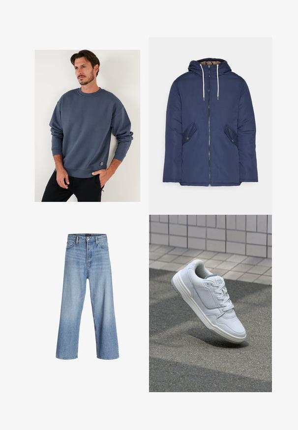 Chaqueta acolchada de color azul marino con capucha, cuenta con un cierre frontal de cremallera, dos bolsillos laterales con botones y cordones blancos.; Sudadera de algodón azul con cuello redondo, hombros caídos y puños de canalé. Presenta una pequeña etiqueta en el lado inferior. Textura suave.; Jeans de mezclilla de color azul claro, de pierna ancha y cintura alta, con cierre de botones, diseño de cinco bolsillos y un ligero desvanecimiento. Con los dobladillos limpios.; Zapatilla blanca de cuero con lados perforados, acentos texturizados, cordones planos y un talón gris en contraste. Presenta una suela ligeramente elevada.