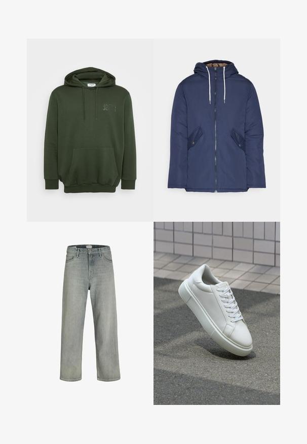 Námornícky modrá vystužená bunda s kapucňou, so zipsom vpredu, dvomi bočnými vreckami s gombíkmi a bielymi šnúrkami.; Olivovo zelená mikina s kapucňou a prednou vreckom, s regulačnou šnúrkou a embosovaným logom na hrudi. Vyrobená z mäkkej, textúrovanej látky.; Svetlošedé džíny vo voľnom strihu vyrobené z denimu. Obsahujú klasický dizajn s piatimi vreckami, pútka na opasok a strih rovného nohavice.; Biele kožené tenisky s hladkým povrchom, okrúhlym špičkou a plochými bielymi šnúrkami. Obsahuje štruktúrovanú gumovú podrážku a minimalistický dizajn.