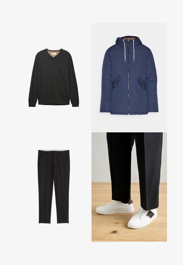 Veste matelassée bleu marine avec capuche, dotée d'une fermeture éclair à l'avant, de deux poches latérales avec boutons et de cordons de serrage blancs.; Pull noir à col V avec manches longues, confectionné dans un tissu doux et texturé. Présente un logo discret sur la poitrine et un col et des poignets côtelés.; Pantalons tailleurs noirs avec une texture lisse, dotés de deux poches latérales, d'un front plat et d'une taille classique.; Des sneakers blanches au texture lisse, avec des accents en cuir marron et des détails noirs, assorties à un pantalon noir ajusté. Fond en parquet.