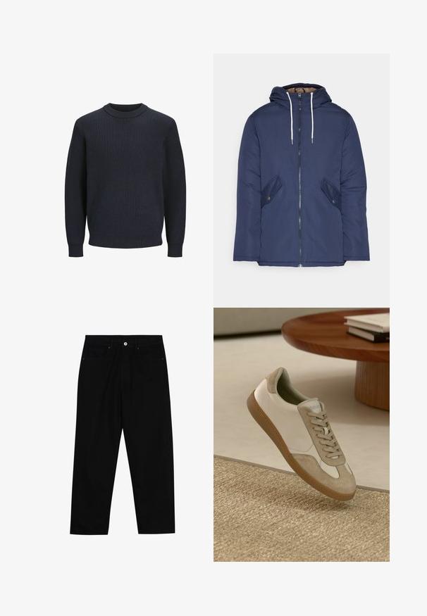 Marineblau gepadded Jacke mit Kapuze, ausgestattet mit einem Reißverschluss vorne, zwei seitlichen Taschen mit Knöpfen und weißen Kordeln.; Marineblauer gerippter Strickpullover mit rundem Halsausschnitt und langen Ärmeln; verfügt über einen strukturierten Stoff und einen taillierten Saum.; Schwarze Jeans mit geradem Schnitt, Fünf-Taschen-Design und einem vorderen Knopfverschluss. Glatte Textur mit minimalen Nähten.; Leichtgewichtiger Sneaker mit einem Obermaterial aus weißem Leder und beigen Wildlederakzenten, runder Zehenpartie und einer strukturierten braunen Gummisohle.