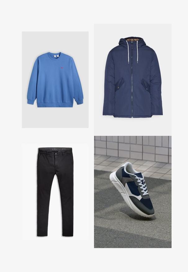 Jūrinė mėlyna pūkinė striukė su kapišonu, turinti priekinį užtrauktuką, dvi šonines kišenes su sagomis ir baltus raiščius.; Mėlynas apykaklės megztinis, pagamintas iš švelnios medvilnės mišinio, su mažuoju raudonu logotipu ant krūtinės ir banguotais rankogaliais bei apačia.; Juodos medvilnės chinos kelnės su siaurėjančiu siluetu, turinčios penkis kišenes, diržo kilpos ir lygų paviršių. Su užtrauktuku ir mygtuko uždarymu.; Sportiniai bateliai su tamsiai mėlynu tinkliniu viršumi, pilkais zomšiniais akcentais, balta guma padanga ir plokščiomis baltomis raištelėmis, sukurti komfortui ir oro pralaidumui.