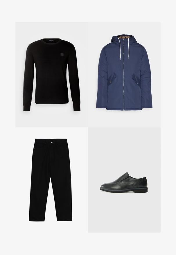 Jūras zila pufīgā jaka ar kapuci, kas aprīkota ar priekšējo rāvējslēdzēju, divām sānu kabatām ar pogām un baltiem aukliņām.; Antony Morato WITH LOGO PATCH - Džemperis - black; Melni džinsi ar taisnu kāju griezumu, piecu kabatu dizainu un priekšēju pogu aizdari. Gluda tekstūra ar minimālu šuvju detaļu skaitu.; Melnas ādas slip-on kurpes ar gludu augšdaļu, izšūtām akcentiem, noapaļotu purngala daļu un zemu gumijas papēdi. Zole ar minimālu rakstu.