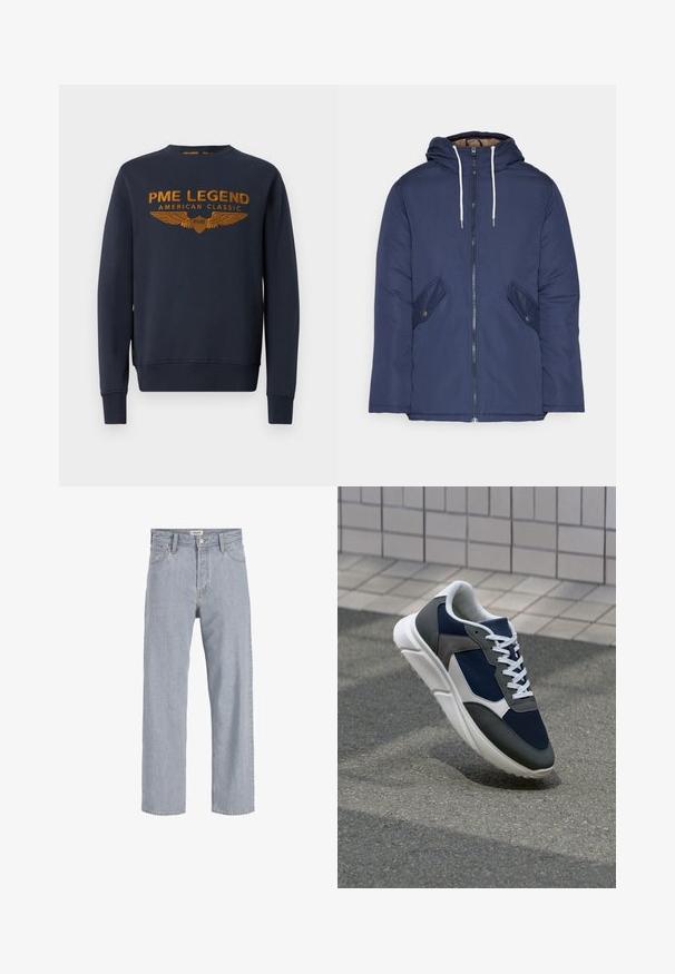 Giacca imbottita blu navy con cappuccio, dotata di zip frontale, due tasche laterali con bottoni e lacci bianchi.; Felpa blu navy in cotone, con logo dorato stampato con ali. Collo a giro, maniche lunghe, polsini e orlo a costine.; Jeans in denim azzurro chiaro con vestibilità rilassata, design a gamba dritta, cuciture visibili, due tasche frontali e chiusura con bottone.; Sneaker con tomaia in rete blu navy, inserti in suede grigio, suola in gomma bianca e lacci bianchi piatti, progettata per comfort e traspirabilità.