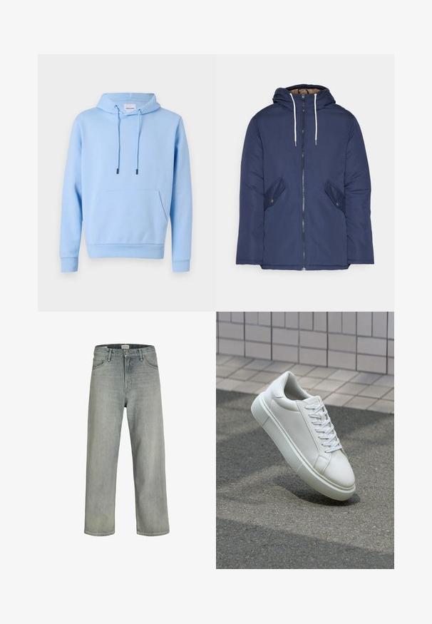 Marineblauwe gewatteerde jas met een capuchon, voorzien van een rits aan de voorkant, twee zijzakken met knopen en witte trekkoorden.; Lichtblauwe hoodie van zachte stof, met een voorzak in kangoeroestijl, verstelbare trekkoorden en ribgebreide boorden en zoom.; Lichtgrijze, loszittende spijkerbroeken van denim. Beschikt over een klassiek vijf-pocket ontwerp, riemlussen en een rechte pijp silhoët.; Witte leren sneaker met een glad oppervlak, ronde neus en platte witte veters. Voorzien van een gestructureerde rubberen zool en minimale ontwerpelementen.