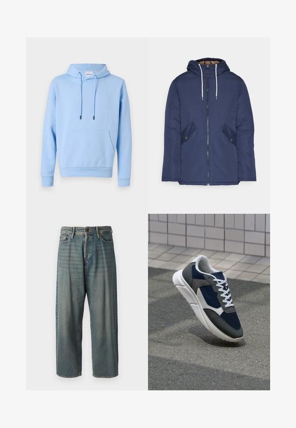Námornícky modrá vystužená bunda s kapucňou, so zipsom vpredu, dvomi bočnými vreckami s gombíkmi a bielymi šnúrkami.; Svetlomodrá mikina s kapucňou z mäkkého materiálu, s prednou "kangaroo" vreckom, nastaviteľnými šnúrkami a rebrovanými manžetami a lemom.; Svetlomodré denimové nohavice so voľným strihom, stredne vysokým pásom a rovnými nohavicami. Obsahujú päť vreciek, pútka na opasok a zapínanie na gombík.; Tenisky s sieťovinou v námorníckej modrej farbe, so sivými semišovými detailmi, bielou gumovou podrážkou a plochými bielymi šnúrkami, navrhnuté pre pohodlie a priedušnosť.