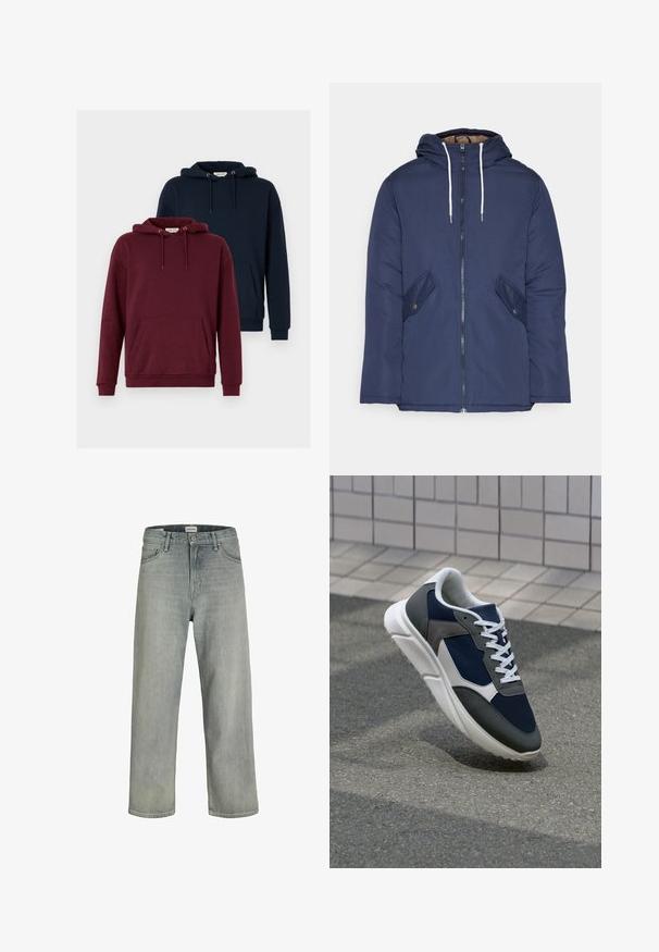 Navy blue padded jacket with a hood, featuring a front zipper, two side pockets with buttons, and white drawstrings.; Two hoodies: one burgundy and one navy. Both feature a front kangaroo pocket, drawstring hoods, ribbed cuffs, and a soft fabric texture.; Light gray, loose-fitting jeans made of denim. Features a classic five-pocket design, belt loops, and a straight leg silhouette.; Sneaker featuring a navy blue mesh upper, gray suede accents, white rubber sole, and flat white laces, designed for comfort and breathability.