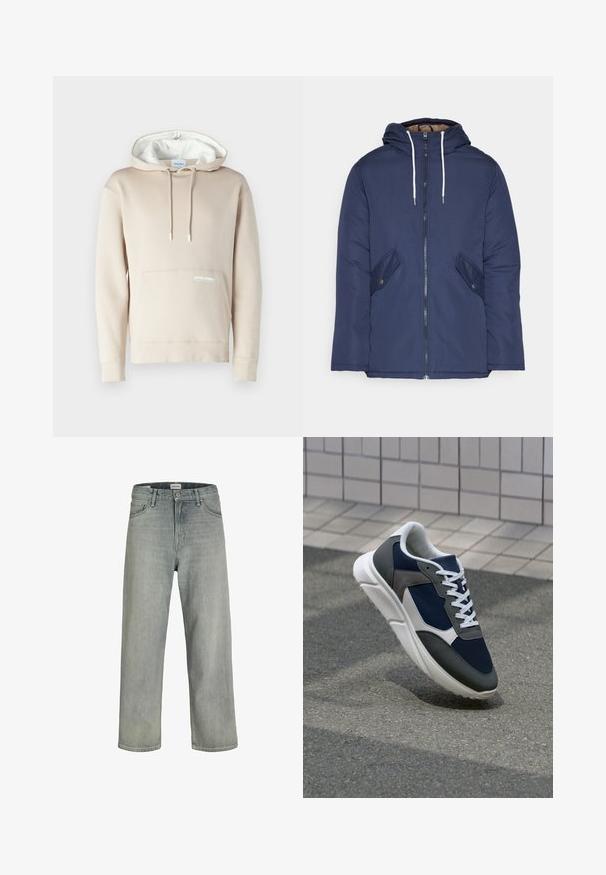 Chaqueta acolchada de color azul marino con capucha, cuenta con un cierre frontal de cremallera, dos bolsillos laterales con botones y cordones blancos.; Sudadera beige con capucha forrada en blanco, cordones y un bolsillo frontal. Presenta un logo sutil en el bolsillo. Hecha de un tejido suave.; Vaqueros de mezclilla de un gris claro y corte holgado. Presentan un diseño clásico de cinco bolsillos, pasadores de cinturón y una silueta de pierna recta.; Zapatillas con una parte superior de malla azul marino, detalles en gamuza gris, suela de goma blanca y cordones blancos planos, diseñadas para la comodidad y transpirabilidad.