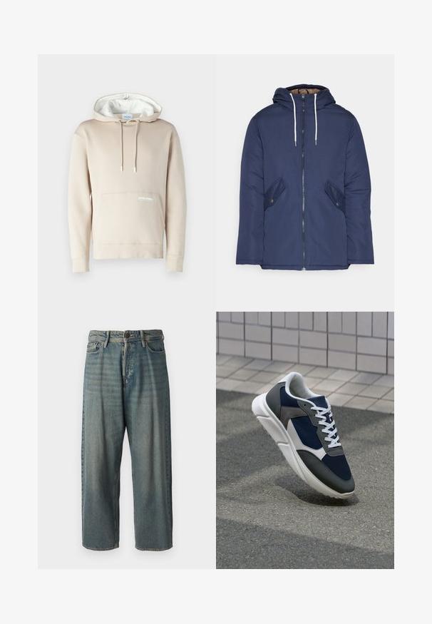 Granatowa pikowana kurtka z kapturem, z zamkiem z przodu, dwoma bocznymi kieszeniami z guzikami oraz białymi sznurkami.; Beżowy hoodie z białym wykończeniem kaptura, sznurkami do regulacji i kieszenią z przodu. Posiada subtelne logo na kieszeni. Wykonany z miękkiego materiału.; Jasnoniebieskie dżinsy o luźnym kroju, średnim stanie i prostych nogawkach. Posiadają pięć kieszeni, szlufki na pasek oraz zapięcie na guzik.; Sneakers z granatową siateczkową cholewką, szarymi zamszowymi akcentami, białą gumową podeszwą i płaskimi białymi sznurówkami, zaprojektowane z myślą o komforcie i wentylacji.