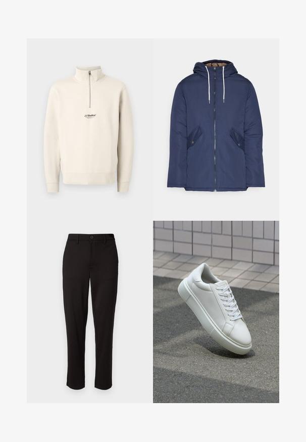 Sötétkék bélelt dzseki kapucnival, elülső cipzárral, két oldalsó zsebbel gombokkal és fehér húzózsinórokkal.; Beige színű, negyed zip-es pulóver hosszú ujjal és bordázott mandzsettával. A mellkason egy kis fekete "JJ Studios" logó található. Puha anyagból készült.; Fekete nadrág könnyű anyagból, egyenes lábbal, elülső gombos záródással, övhurkokkal és zsebbel az oldalán.; Fehér bőr sportcipő sima felülettel, kerek orral és lapos fehér fűzőkkel. Texturált gumitalppal és minimális dizájnelemekkel rendelkezik.