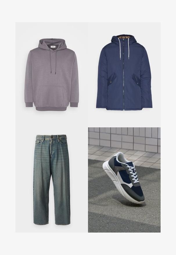 Sötétkék bélelt dzseki kapucnival, elülső cipzárral, két oldalsó zsebbel gombokkal és fehér húzózsinórokkal.; Szürke kapucnis pulcsi húzózsinórral, elülső zsebekkel és bordázott mandzsettákkal, valamint aljjal. Puha pamut keverékből készült, sima textúrával.; Világoskék farmernadrág, laza fazonnal, közepes derékbőséggel és egyenes szárral. Öt zsebet, övbucskát és gombos záródást tartalmaz.; Cipő, amelynek sötétkék hálós felsőrésze, szürke velúr díszítései, fehér gumitalpa és lapos fehér fűzője van, a kényelem és a légáteresztő képesség érdekében tervezve.