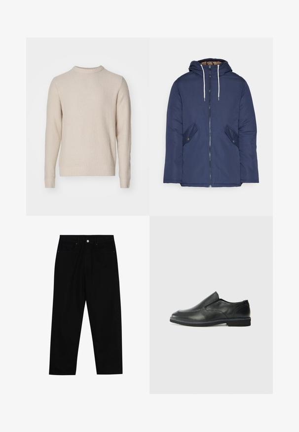 Jūras zila pufīgā jaka ar kapuci, kas aprīkota ar priekšējo rāvējslēdzēju, divām sānu kabatām ar pogām un baltiem aukliņām.; Adīta džemperī gaiši bežā krāsā ar teksturētu rakstu, apaļu kakla izgriezumu, ribotiem piedurkņu galiem un apakšmalu, izgatavota no mīksta, siltuma uzturoša materiāla.; Melni džinsi ar taisnu kāju griezumu, piecu kabatu dizainu un priekšēju pogu aizdari. Gluda tekstūra ar minimālu šuvju detaļu skaitu.; Melnas ādas slip-on kurpes ar gludu augšdaļu, izšūtām akcentiem, noapaļotu purngala daļu un zemu gumijas papēdi. Zole ar minimālu rakstu.