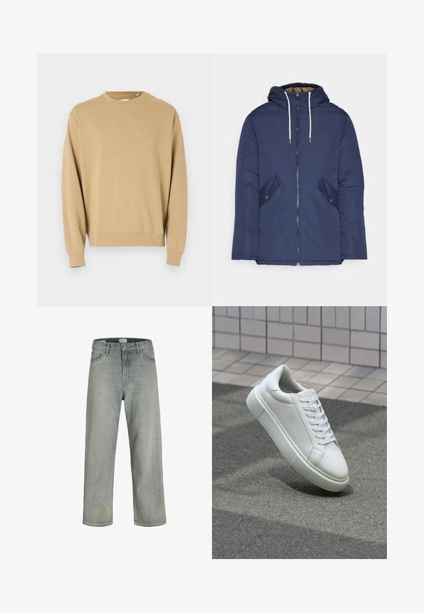 Giacca imbottita blu navy con cappuccio, dotata di zip frontale, due tasche laterali con bottoni e lacci bianchi.; Felpa beige con maniche lunghe e scollatura rotonda. Realizzata in cotone, presenta una texture liscia e polsini e orlo a coste.; Jeans grigi chiaro, con vestibilità comoda, realizzati in denim. Presentano un classico design a cinque tasche, passanti per cintura e una silhouette a gamba dritta.; Sneaker bianco in pelle con superficie liscia, punta rotonda e lacci piatti bianchi. Presenta una suola in gomma texturizzata e un design minimale.