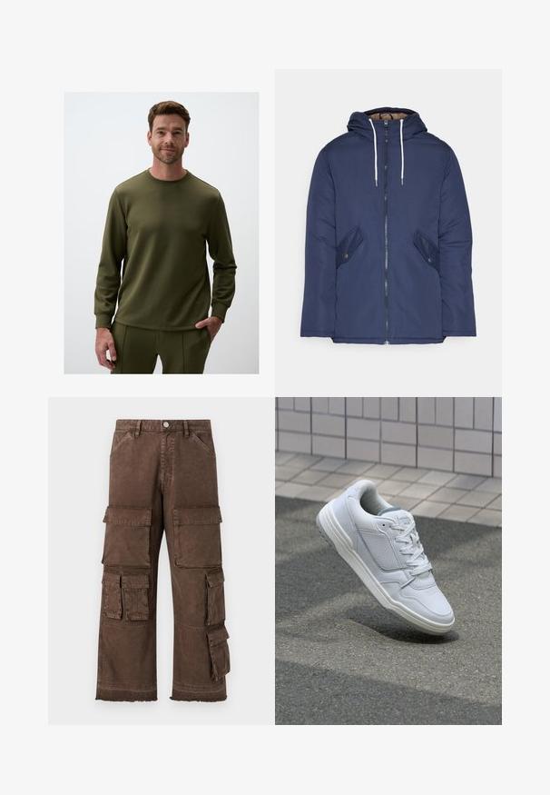 Marineblauwe gewatteerde jas met een capuchon, voorzien van een rits aan de voorkant, twee zijzakken met knopen en witte trekkoorden.; Olijfgroen sweatshirt met lange mouwen en een ronde halslijn, gemaakt van zacht materiaal, met een eenvoudig, gestroomlijnd ontwerp.; Bruine cargo-broeken met een losse pasvorm, meerdere zijzakken en een rafelige zoom. Gemaakt van stevig, gestructureerd materiaal voor duurzaamheid.; Witte lederen sneaker met geperforeerde zijkanten, gestructureerde accenten, platte veters en een contrasterende grijze hiel. Voorzien van een iets verhoogde zool.