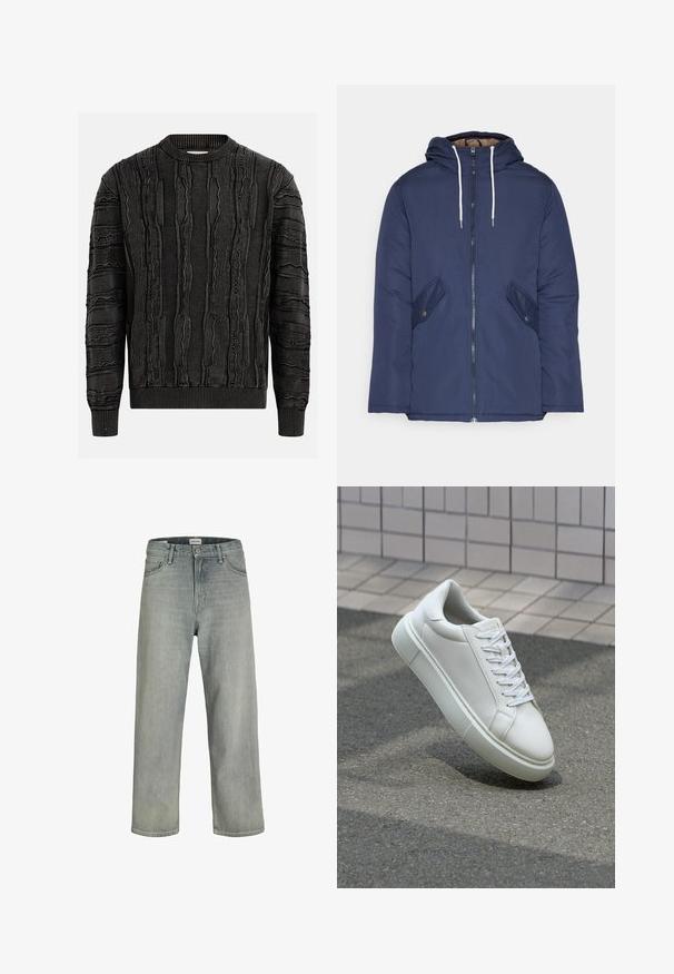 Navy plava podstava jakna s kapuljačom, koja ima prednji patentni zatvarač, dva bočna džepa s gumbima i bijele špage.; Crna pulover s teksturiranom površinom koja sadrži uzdignute, valovite uzorke. Rebrasti izrez u obliku čamca i manšete, pružajući prilagođeni kroj.; Svijetlosive, široke traperice napravljene od denima. Imaju klasičan dizajn s pet džepova, petlje za remen i ravni kroj nogavica.; Bijela kožna tenisica s glatkom površinom, okruglim vrhom i ravnim bijelim vezicama. Ima teksturiran gumeni potplat i minimalne dizajnerske elemente.